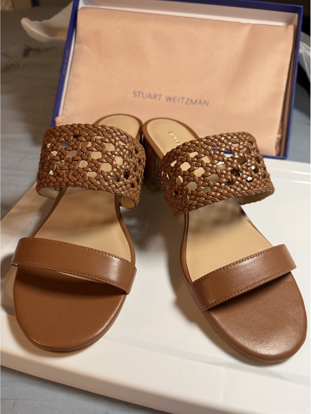 Stuart Weitzman Women's Brown Woven Leather Block Heel Sandals Size 7.5
